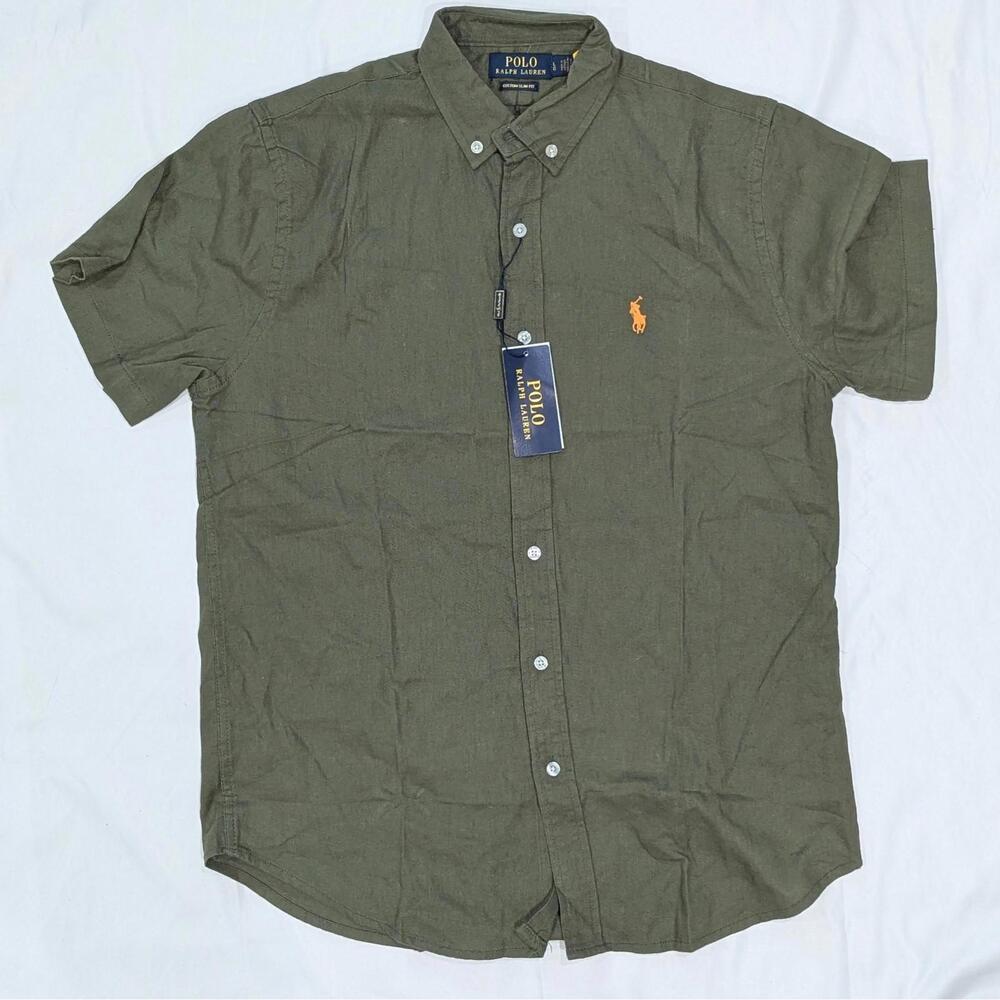 Polo Ralph Lauren Custom Slim Fit Linen Shirt L Olive Green NWT Short Sleeve - Picture 3 of 7